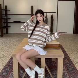 正确版原标现货MIU家25新款条纹棉质长袖polo衫休闲宽松男女同款