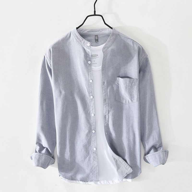 514 Spring and Autumn Men's Long Sleeve Casual Shirt Pocket Stand Collar Cotton Sweat-Absorbent Solid Color Shirt 514 Spring and Autumn Men's Long Sleeve Casual Shirt Pocket Stand Collar Cotton Sweat-Absorbent Solid Color Shirt