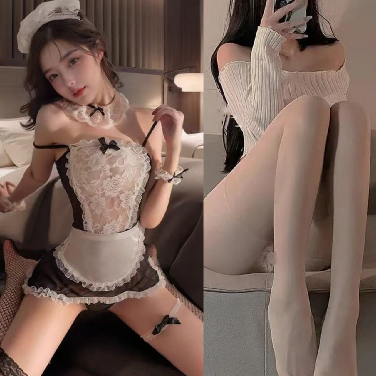 메이드 + 흰색 오픈 스타킹