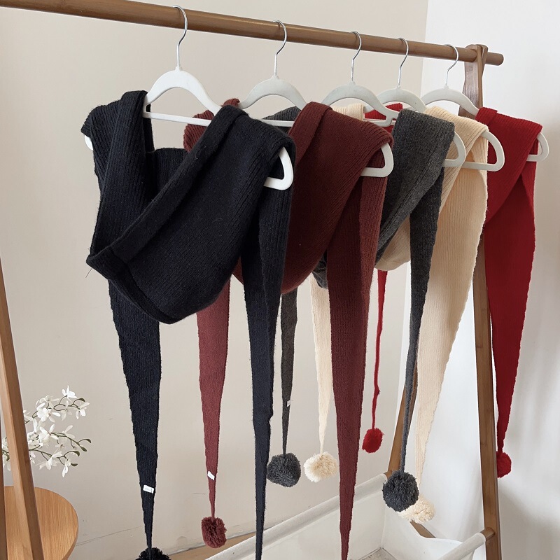 Wool Hooded Shawl for Women, Ancora Red Blended Knitted Scarf and Hat, Integrated Pom-Pom Outerwear, Cape, Neck Warmer