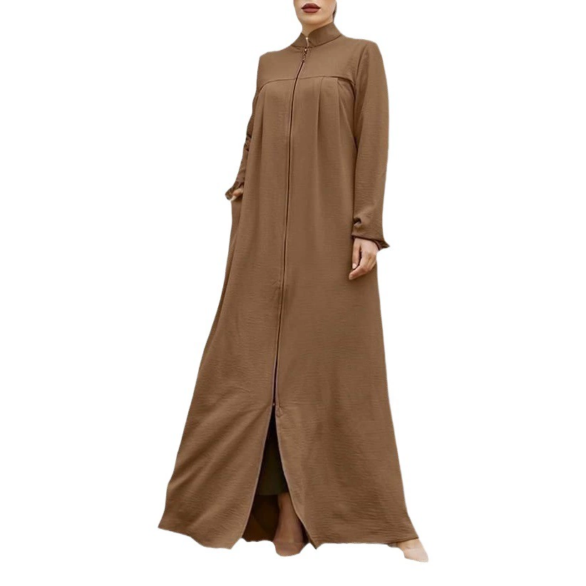 2024 Новая мусульманская женская одежда Ближний Восток Арабский стиль воротник-стойка кардиган на молнии карман темперамент свободное платье