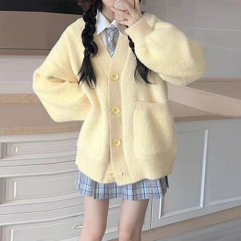 学院风软糯仿水貂绒v领毛衣外套女秋冬新款宽松外穿纯色针织开衫|undefined