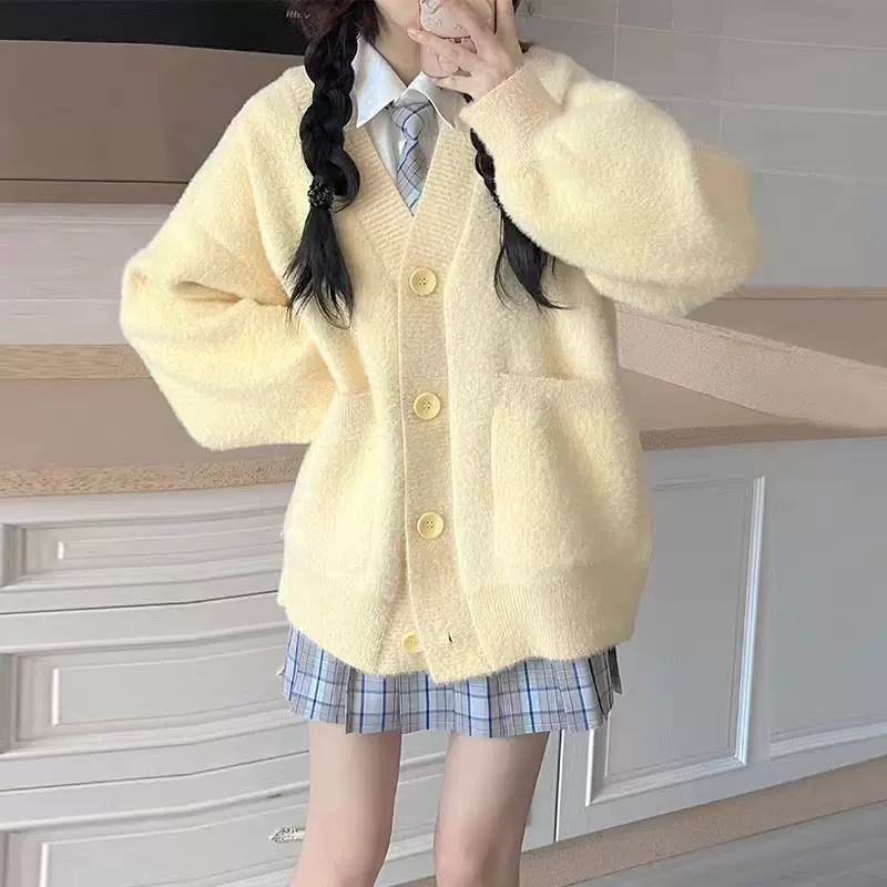 学院风软糯仿水貂绒v领毛衣外套女秋冬新款宽松外穿纯色针织开衫