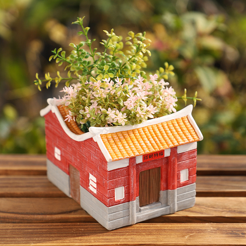 Chậu Cây Resin Chậu cây hình nhà cổ Phúc Kiến resin, chậu mọng nước mini, đồ thủ công văn hóa truyền thống (RG-138)