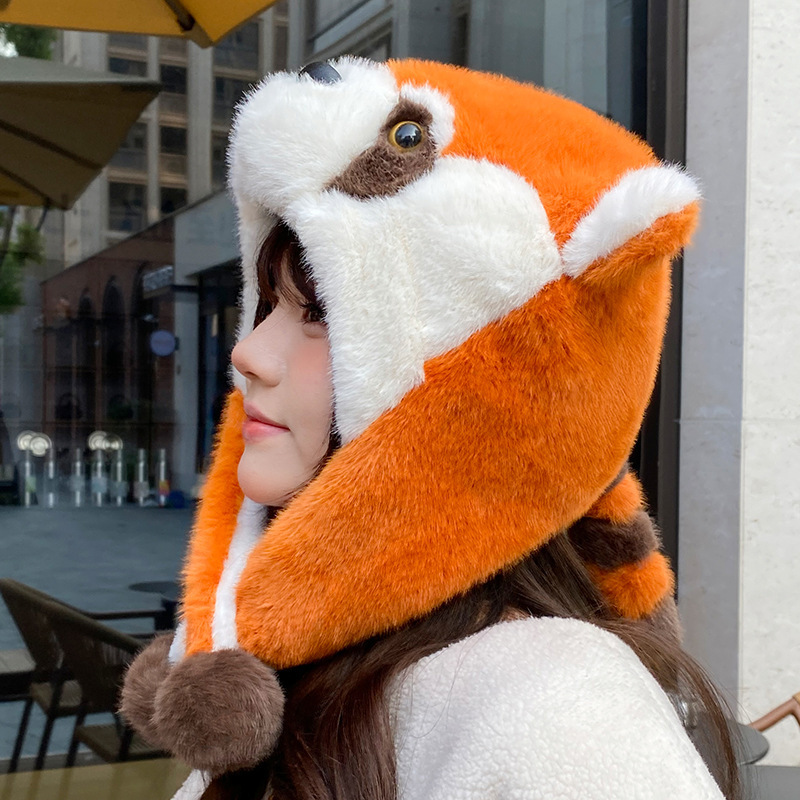 Nueva caricatura lindo pequeño mapache felpa protección para los oídos sombrero Lei Feng para niños otoño e invierno cálido y grueso protección para los oídos de bola de pelo marea