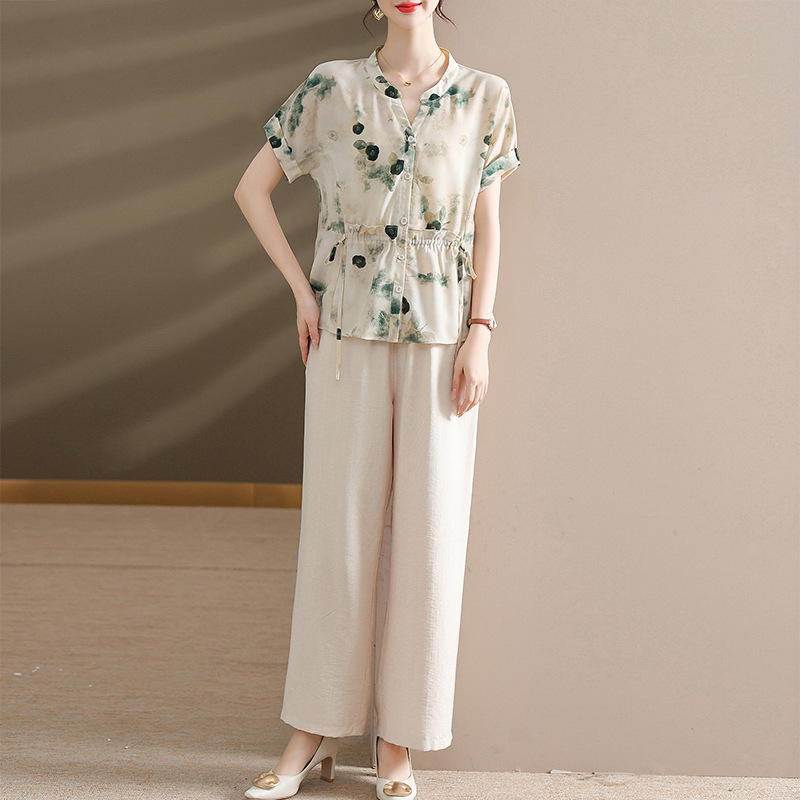 50代ママの夏スタイルシャツ、中高年女性のシフォン半袖シャツ、ワイドパンツのツーピーススーツ|undefined