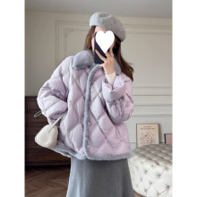 两件套冬季新款时尚衬衫式淡紫色小香风菱格棉服女短款半身裙套装