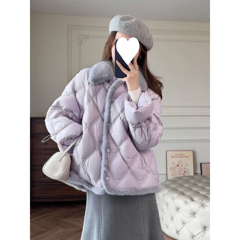 两件套冬季新款时尚衬衫式淡紫色小香风菱格棉服女短款半身裙套装