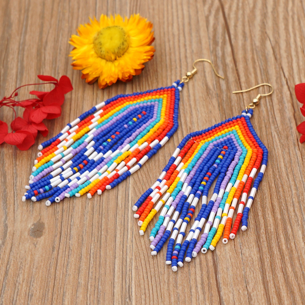 Go2boho Supply Manufacturer Summer Blue Vintage Miyuki Bead Hand-woven Tassel Dangle Earrings Female display picture 4