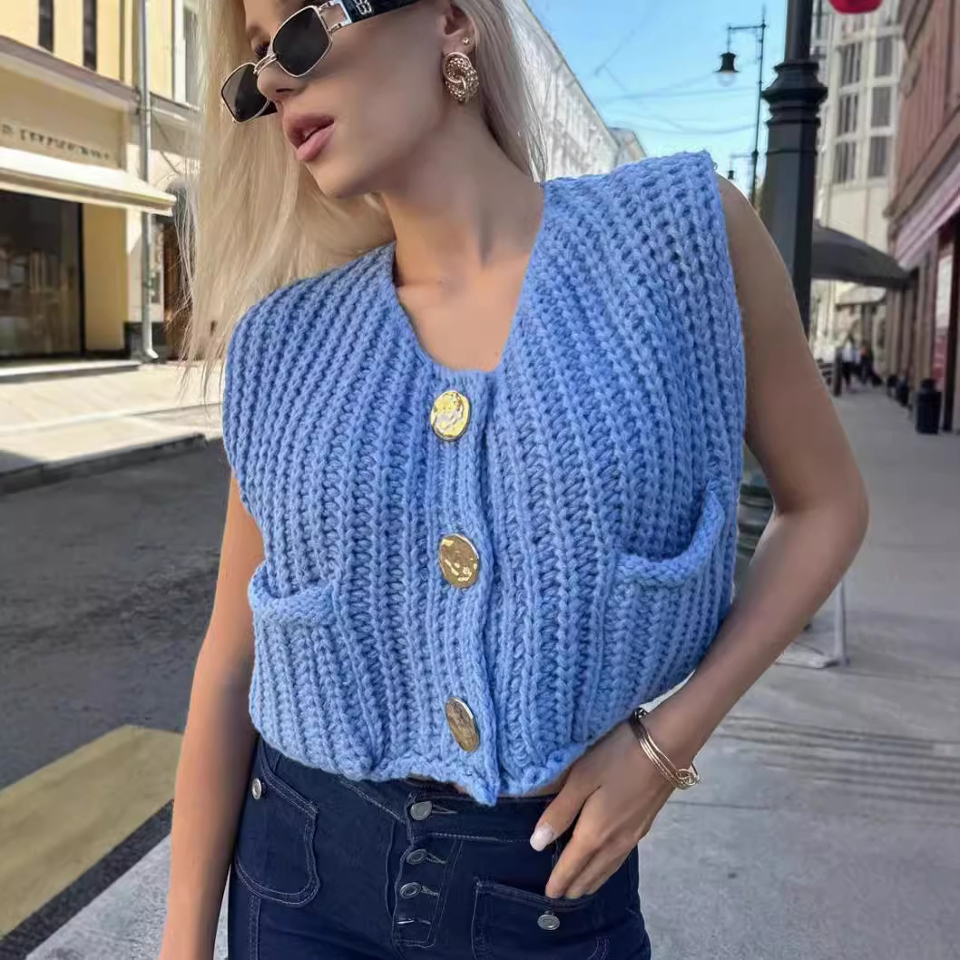 Női pulóver 2024 őszi és téli újdonság V-nyakú, zsebes, vastag tűszúrású ujjatlan kardigán kötött mellény női_voghion.com