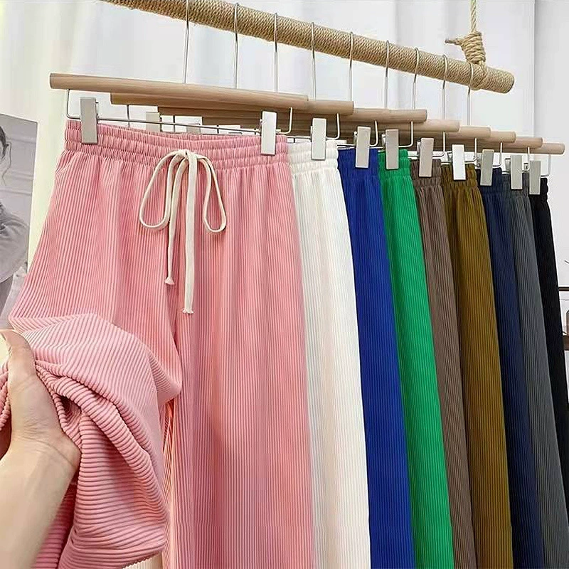 Demi-Season Wide-Leg Trousers, Oversize Loose Straight Fit, Elastic Waist — One Size