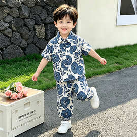 韩版童装儿童夏款度假风海边短袖花朵衬衫痞帅男童宽松花衬衣套装