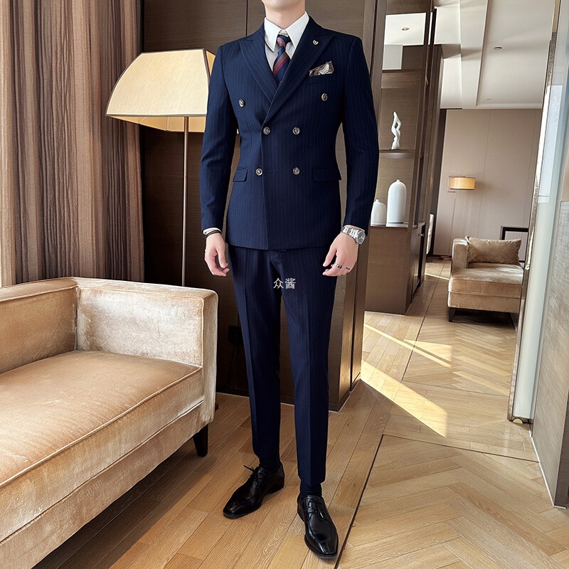 Striped Double-Breasted Groom Wedding Suit Men's Suit Trendy Korean Style Slim Business Casual Emcee Suit Jacket Striped Double-Breasted Groom Wedding Suit Men's Suit Trendy Korean Style Slim Business Casual Emcee Suit Jacket