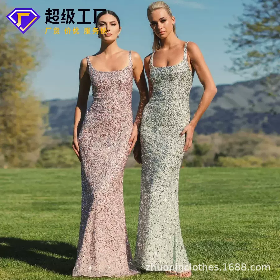 卓品服饰定制跨境欧美时尚亮片吊带裙性感优雅鱼尾长款宴会晚礼服