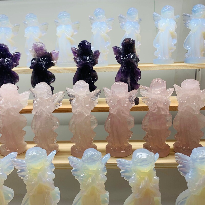 梦幻紫 蛋白石 粉晶雕刻天然水晶天使小摆件 家居办公桌面装饰品 图 3