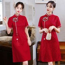 实拍新中式气质改良年纪刺绣旗袍女夏季国风复古短袖盘扣连衣裙