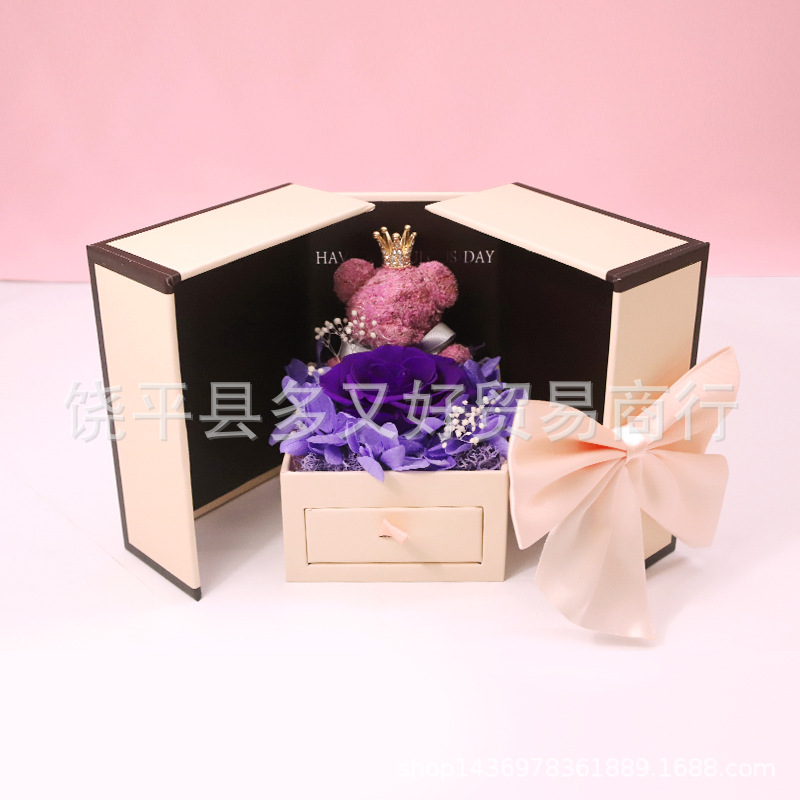 Caja de regalo de collar creativo rosa doble puerta oso rosa flor inmortal caja de regalo regalo del día de San Valentín proporcionado transfronterizo