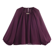 外贸2025欧美秋季新款气质时尚圆领长袖半透明衬衫上衣女3897174