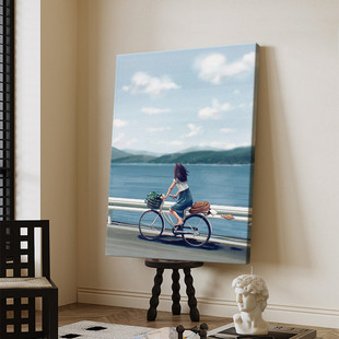 Healing Hand-Painted Oil Painting Living Room Entrance Scenery Blue Sky Decorative Painting Girl Riding a Bicycle Niche Art Hanging Painting