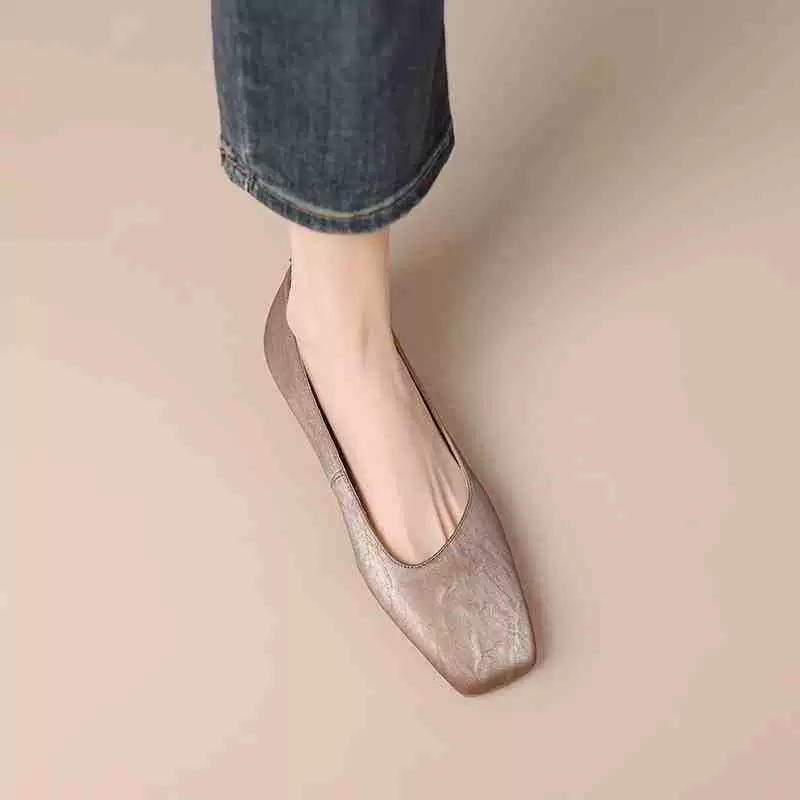 Женские туфли ручной работы из мягкой козьей кожи, весна-лето 2025, квадратный носок, мягкая подошва, тонкие балетки, французский ретро стиль, размер 199-5