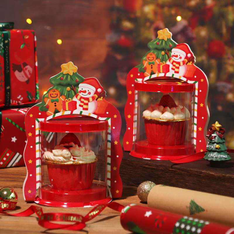 圣诞节2寸蛋糕盒纸杯蛋糕包装盒装饰杯子迷你小甜品透明打包盒子