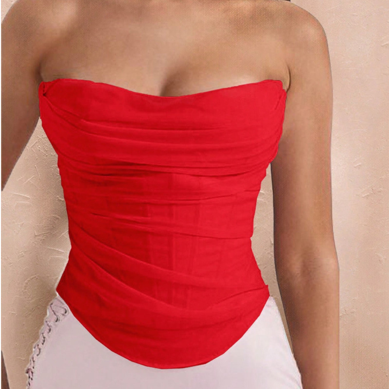 Nuevo estilo transfronterizo europeo y americano plisado malla tubo top hueso de pescado sujetador cintura fruncido abdomen corte fajas corset