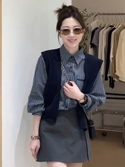 韩系时尚格子长袖衬衫两件套女2025早秋新款宽松休闲百搭披肩套装