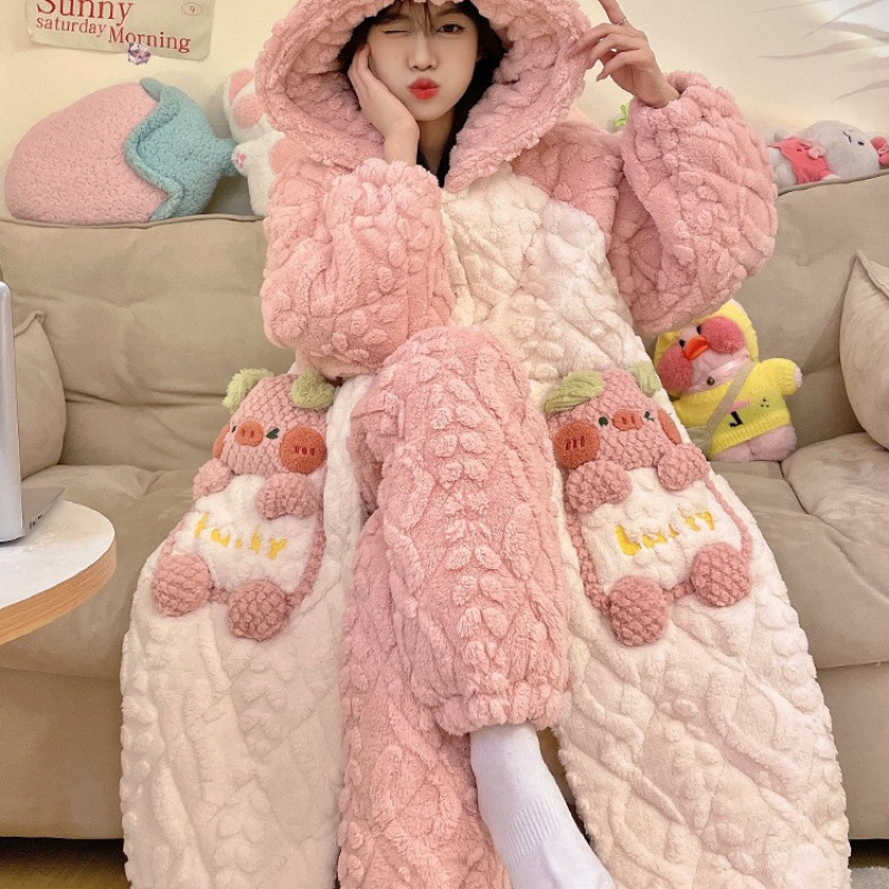 珊瑚绒三层夹棉睡衣女秋冬季加绒加厚连帽睡袍可爱浴袍家居服冬天