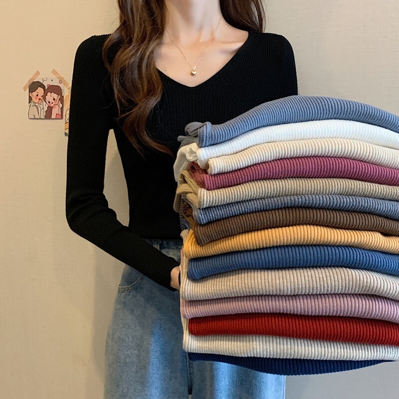 Autumn and Winter New Slim-Fit Tight V-Neck Long Sleeve Inner Knit Sweater Top Spring and Autumn Western Style Sweater Women's Base Shirt