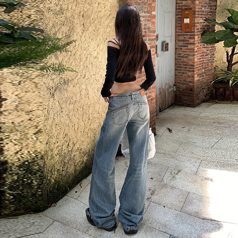 【5L】Vintage Patchwork Pocket Design Distressed Faded Cotton Texture Low-Rise Non-Stretch Flared Denim Pants