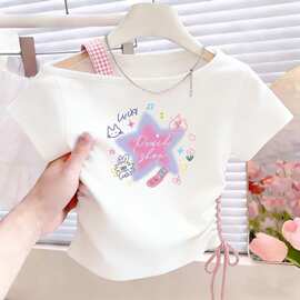 外贸批发韩版女童露肩短袖T恤夏季洋气设计感儿童百搭圆领上衣潮