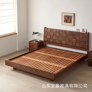 North American black walnut double bed modern simple bedroom furniture all solid wood square suspension bed 1.8 meters