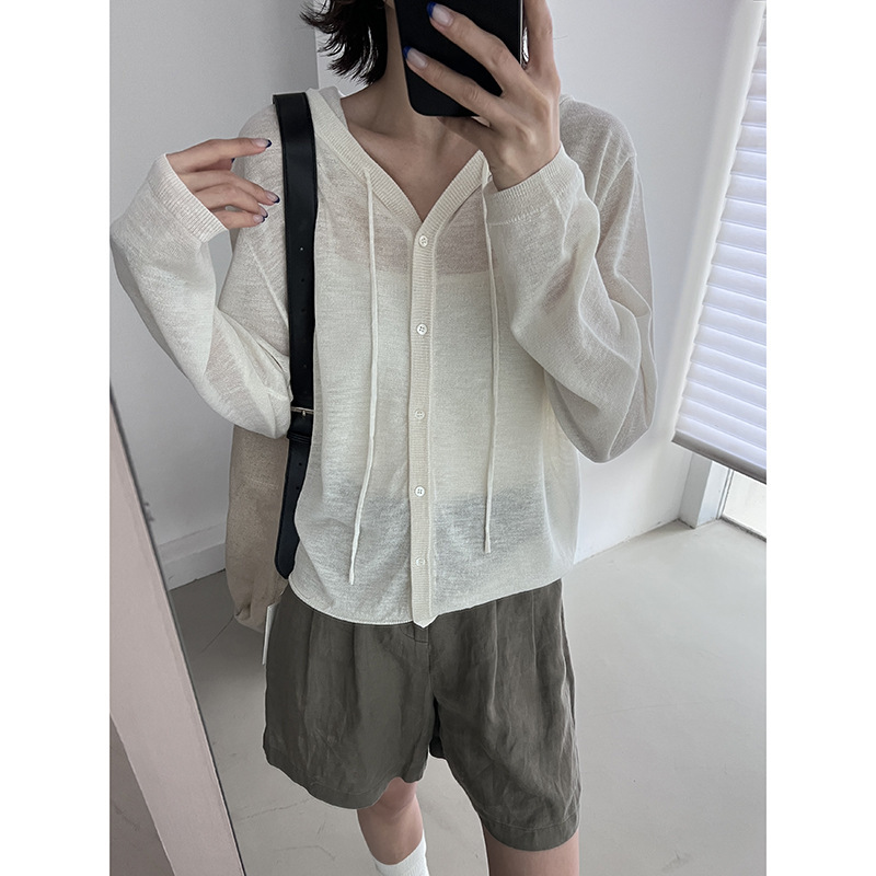 MMC DITIONアイスニットのカーディガン女性の夏の新型の薄い通気性の怠惰な風の帽子の長袖の日焼け止めのブラウス|undefined
