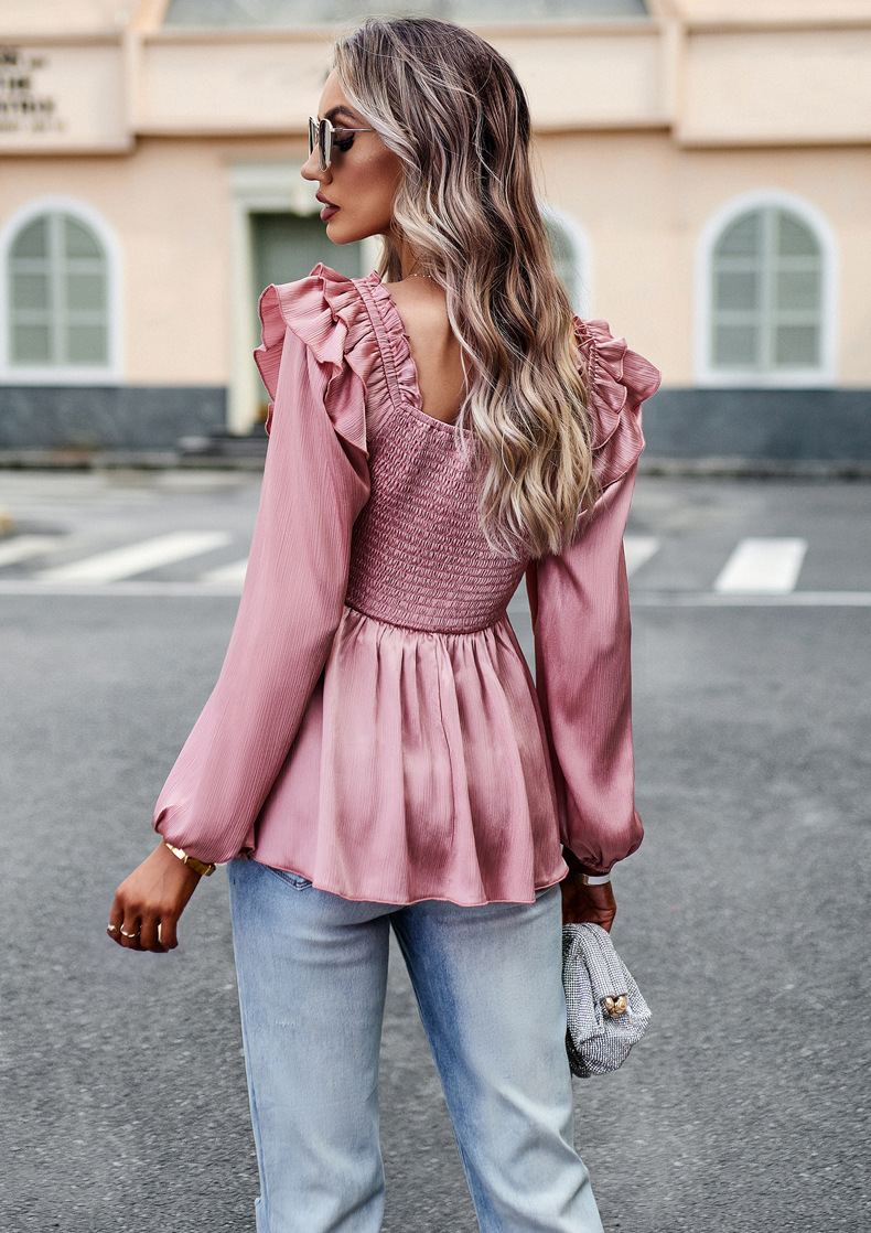 Lettuce Trim Design Casual Style Women's Blouse Long Sleeve Blouses Lettuce Trim Casual Solid Color