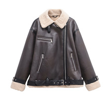 跨境货源PB&ZA女装2025新款休闲时尚配腰带皮毛休闲夹克外套亚马