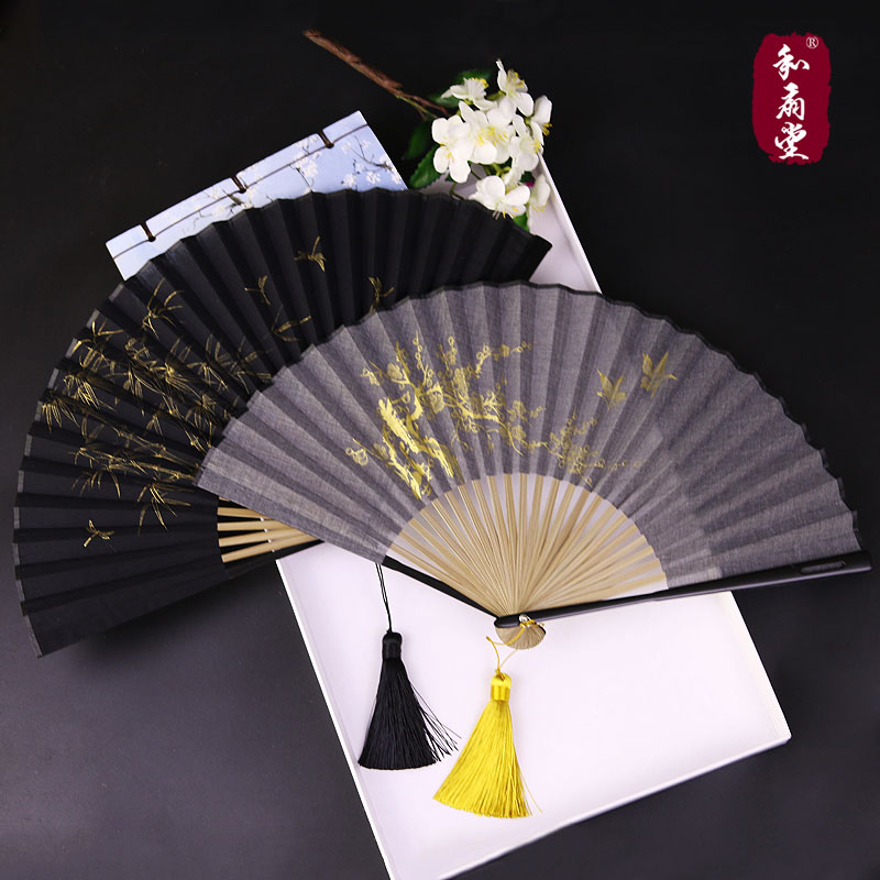 7寸中国风扇子折扇复古风男女汉服夏季随身折叠扇子古典棉麻竹扇