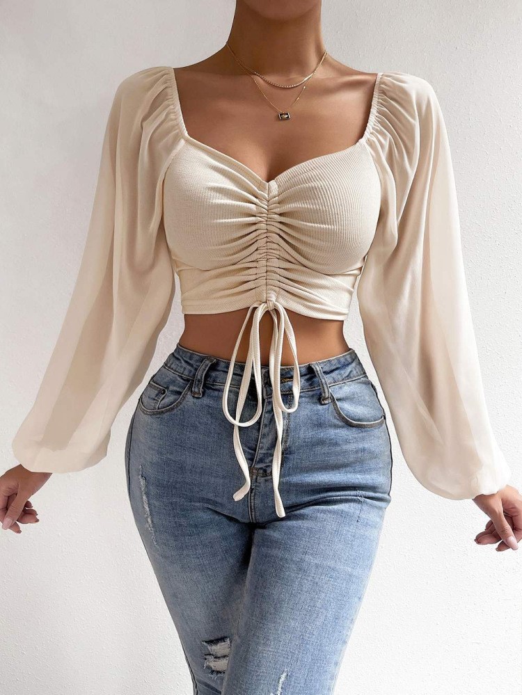 New Style Pit Stripe Chiffon Drawstring Lantern Sleeve Tight Fashion Women's Tops Shirt_senzul.com
