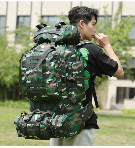 Outdoor backpack for camping and travel, featuring camouflage design, waterproof, large capacity, suitable for hiking and cross-border trade.