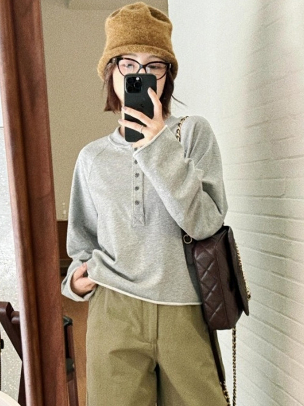 灰色卷边半纽扣设计感长袖T恤女2025新款秋季韩系穿搭慵懒风上衣|undefined