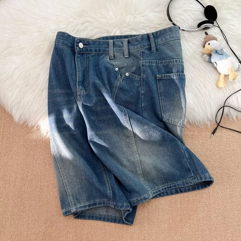 Retro Washed Denimshorts Herren Japanische Splicing Sommershorts_voghion.com