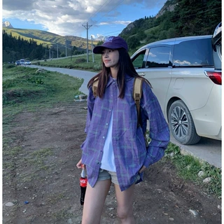 复古韩版慵懒风格纹长袖衬衫女装秋季设计感小众宽松叠穿衬衣外套
