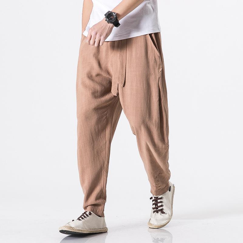 2022 Amazon Japanese and Korean website men's solid color large size breathable cotton and linen style trousers