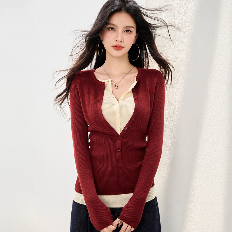 G1907红色V领长袖假两件针织衫女秋冬新款内搭打底衫修身显瘦上衣|undefined
