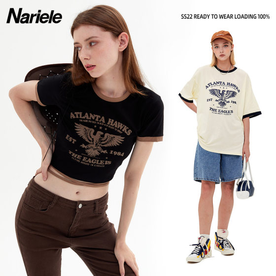 Nariele American Style Short Short-sleeved Cotton T-shirt Women's ins Style Niche Design Loose Couple Summer Half-sleeved Men