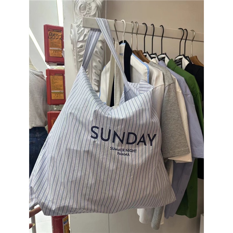 South Korea Dongdaemun Spring and Summer New Designer Simple Printed Striped Canvas Bag Women's Ins All-match Shoulder Bag