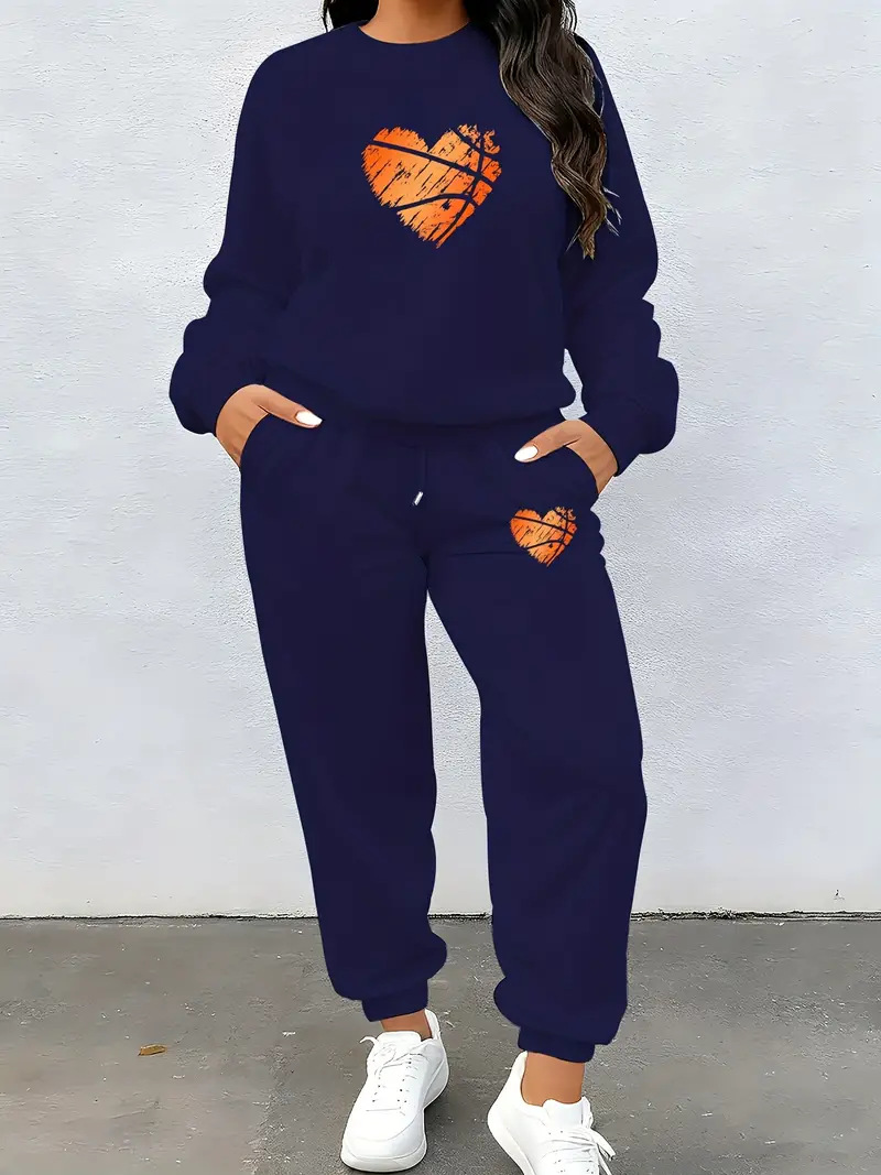 Women's Long Sleeved Heart Patterned Pant Set Casual Style_voghion.com