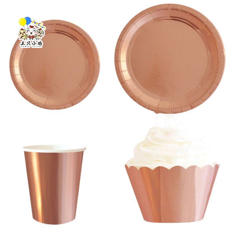 in stock cross-border solid color hot rose gold tableware suit disposable dinner plate party supplies birthday party snack plate