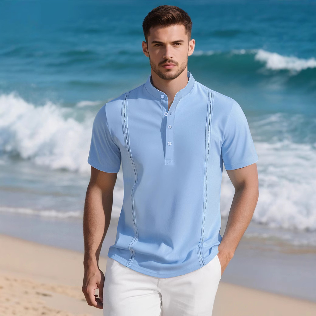 Nueva camiseta de hombre estilo europeo y americano con media cremallera, camiseta informal de verano a rayas de manga corta para negocios, camiseta transpirable estampada.