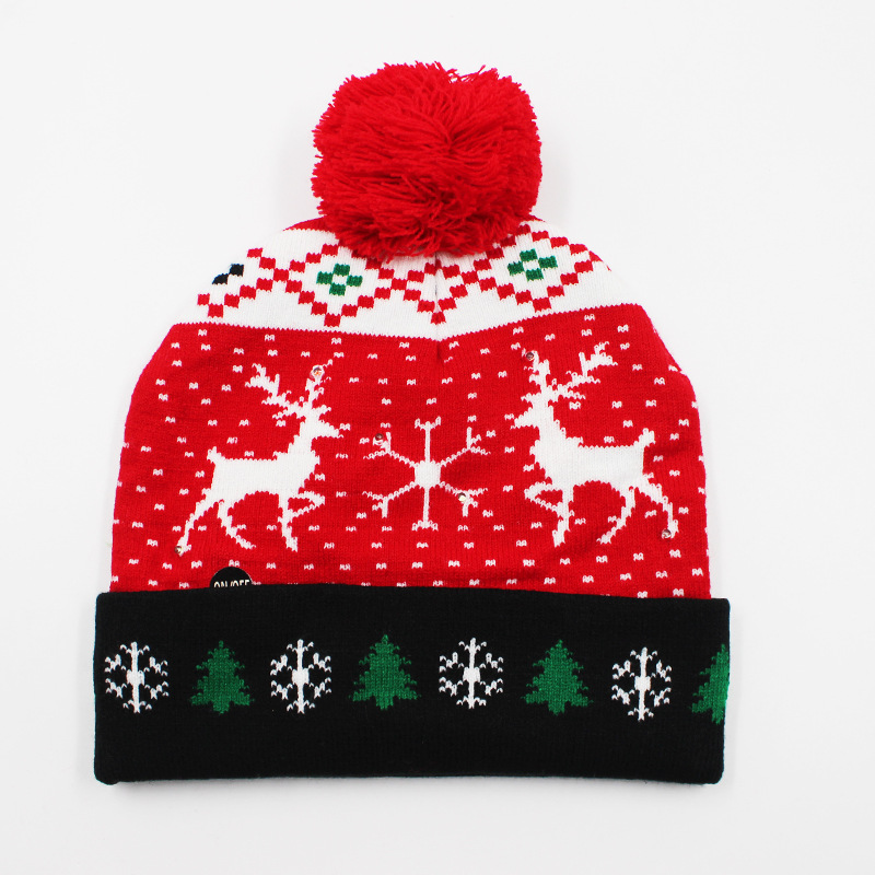 Fabricante transfronterizo de gorros navideños europeos y americanos tejidos en jacquard, gorros navideños de lana con luces LED, gorros navideños con pompón y bufandas. image 25