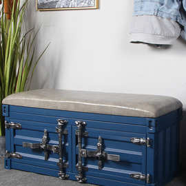 美式集装箱造型换鞋凳复古工业风做旧铁艺服装店凳子储物凳沙发凳